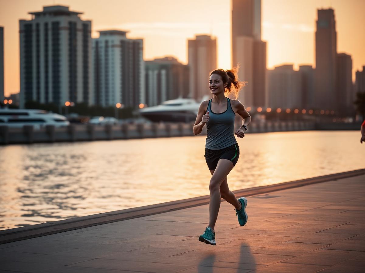 Running along the waterfront at sunrise